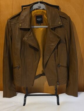 Barneys Originals Brown Leather Moto Jacket Size 8 UK
